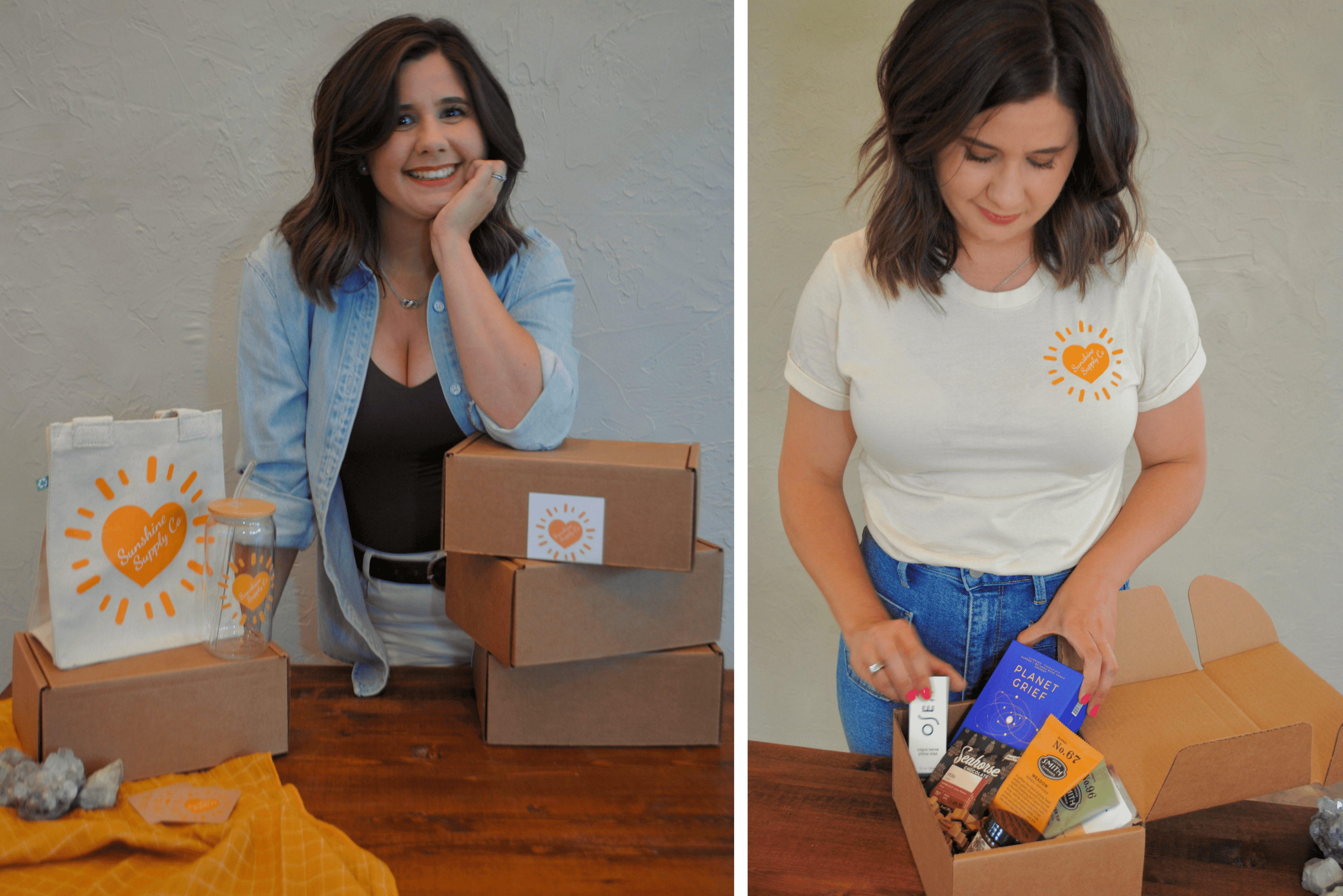 Woman with stacked boxes and a branded bag, then opening a box with items inside.